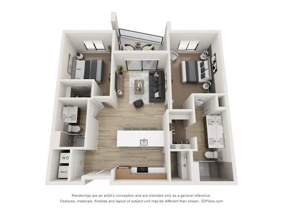 A 3D floor plan of a house layout.