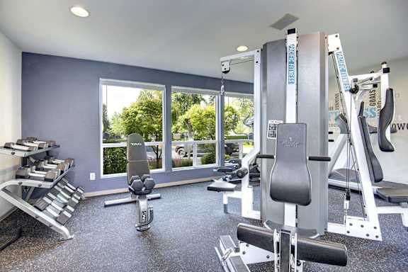 A well-equipped home gym with a view of trees outside the window. at The Lakes at Fife, Fife, WA, 98424