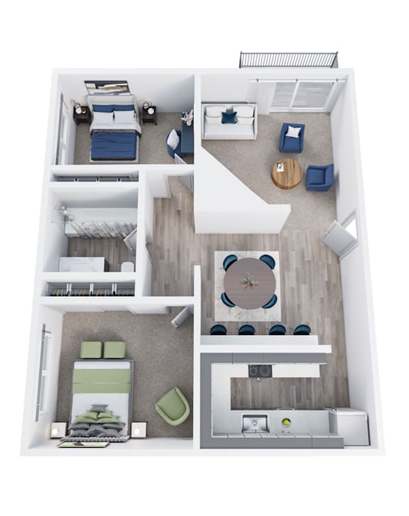 Floor Plan  A top-down view of a small apartment with a living room, kitchen, and bedroom.