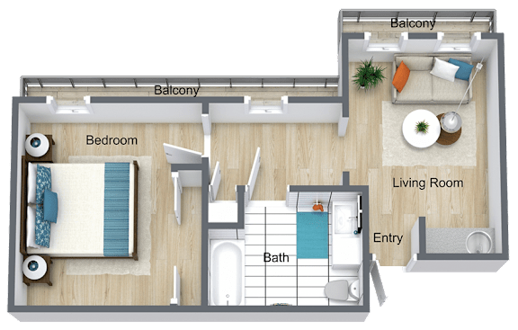 A diagram of a house layout with a living room, bedroom, bathroom, and balcony.