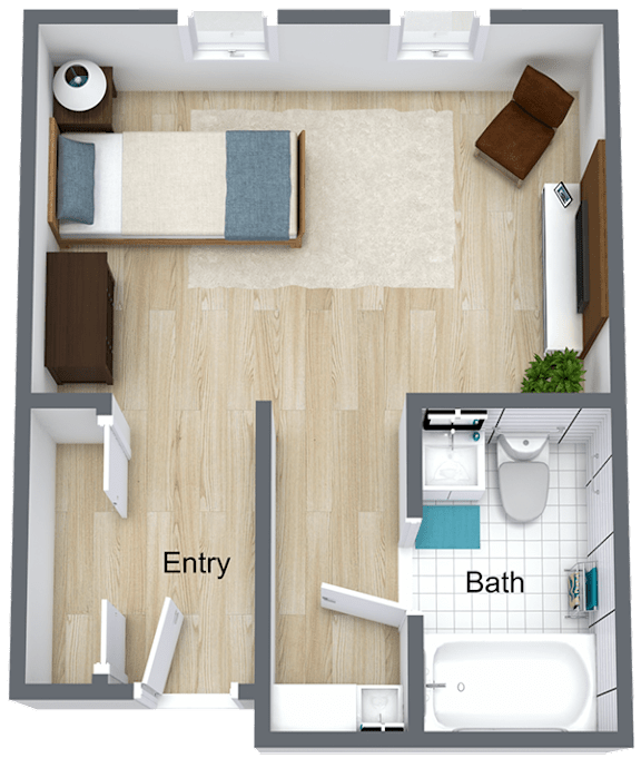 A floor plan of a small apartment with a bedroom, bathroom, and entryway.