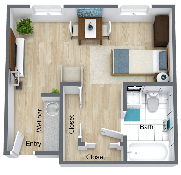 A 3D floor plan of a small apartment with a bedroom, bathroom, and living room.