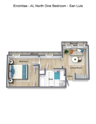 A floor plan of the Encinitas - AL North One Bedroom in San Luis.