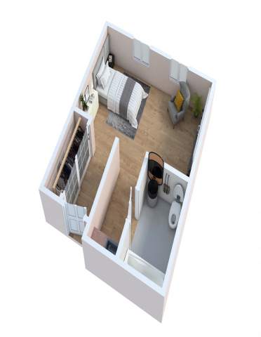 A top-down view of a small apartment with a bedroom, living room, and kitchen.