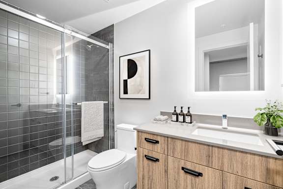 A modern bathroom with a white toilet, a sink, a mirror, and a shower with a glass door.