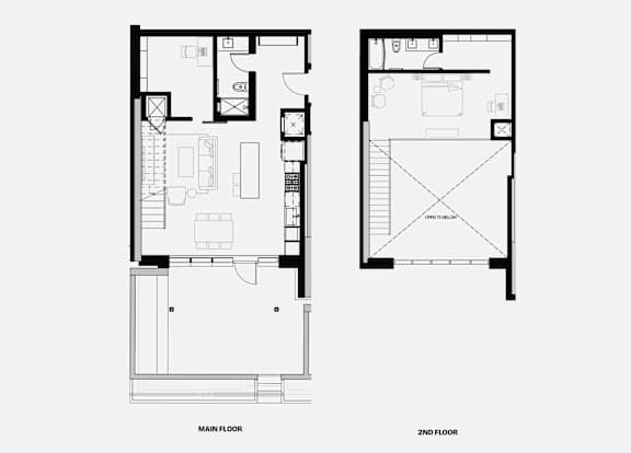 A black and white image of a floor plan for a two-story building.