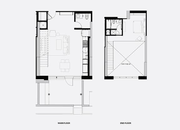 A black and white image of a floor plan for a two-story building.