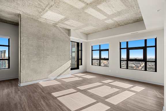 A large empty room with a concrete wall and a window overlooking a cityscape.