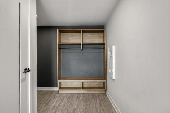A room with a built-in cabinet and a door.