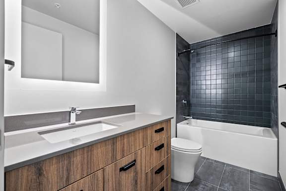 A modern bathroom with a white sink and a black tiled shower.