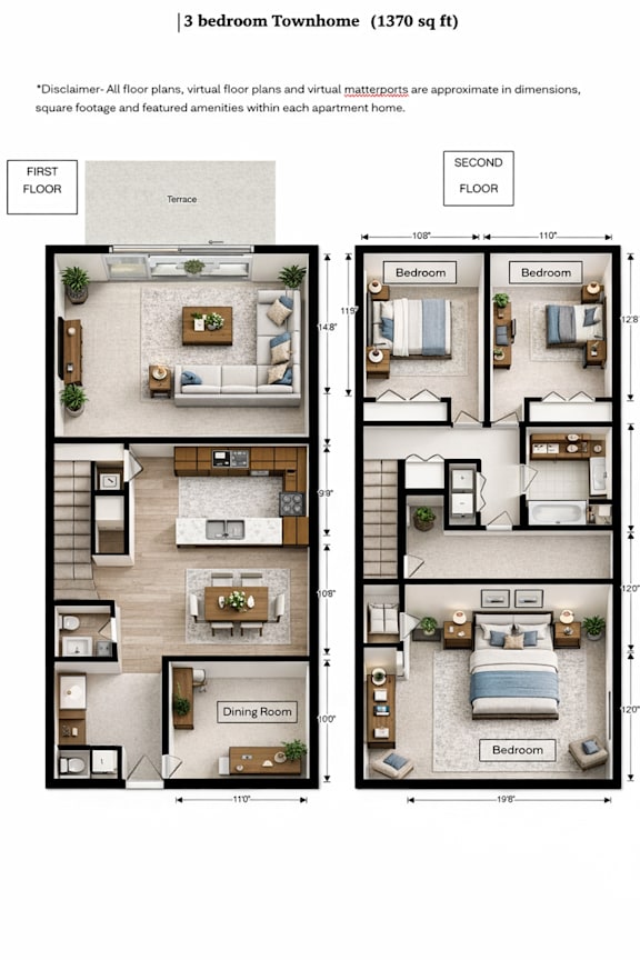 A 3 bedroom townhome floor plan with a first and second floor.