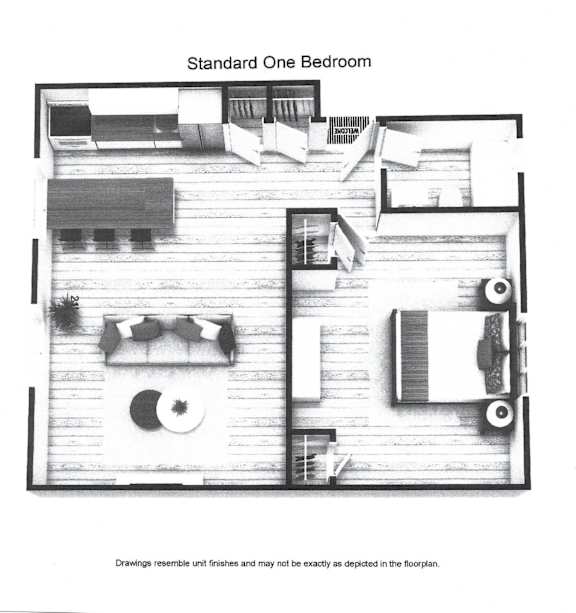 A black and white drawing of a standard one bedroom apartment.