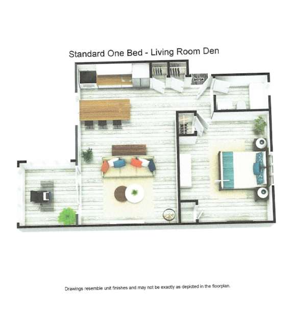 A drawing of a living room den with a standard one bed.