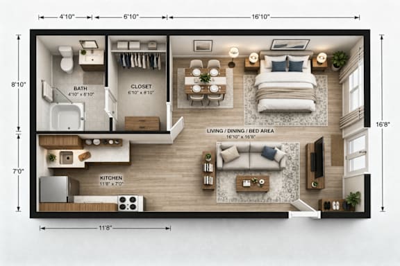 A floorplan of a garden studio apartment with a living room, kitchen, bathroom, and closet.