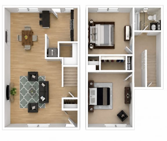A floor plan of a two-story apartment with a living room, dining room, kitchen, and bedrooms.