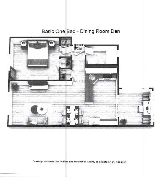 A drawing of a Basic One Bedroom apartment with a Dining Room.