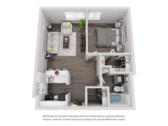 A 3D floor plan of a small apartment with a living room, kitchen, and bedroom.