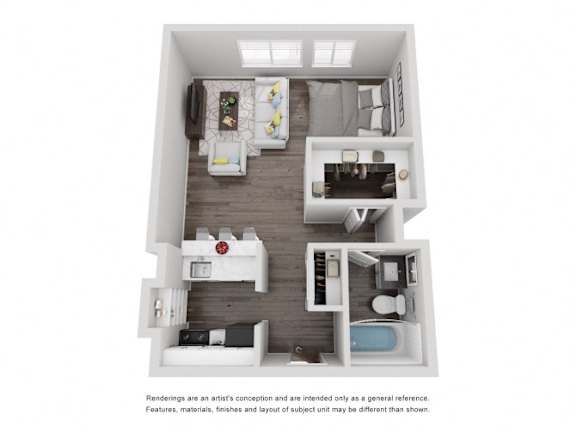 A 3D rendered image of a small apartment layout.