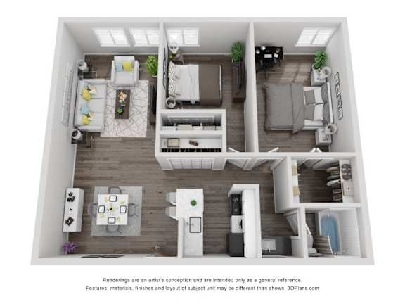 A 3D floor plan of a house with a kitchen, living room, and bedrooms.