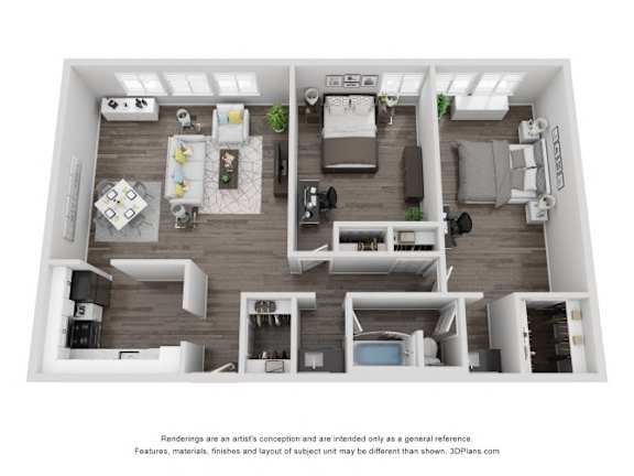 A 3D rendering of a modern, minimalist apartment with a living room, kitchen, and bedroom.