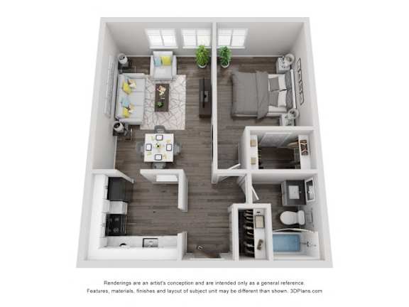 A 3D floor plan of a small apartment with a kitchen, living room, and bathroom.