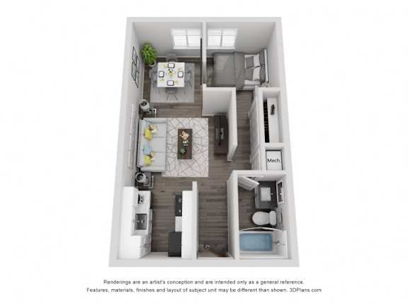 A 3D floor plan of a small apartment with a kitchen, living room, and bedroom.