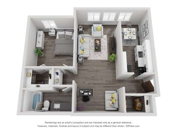 A 3D floor plan of a house with a kitchen, living room, and two bedrooms.