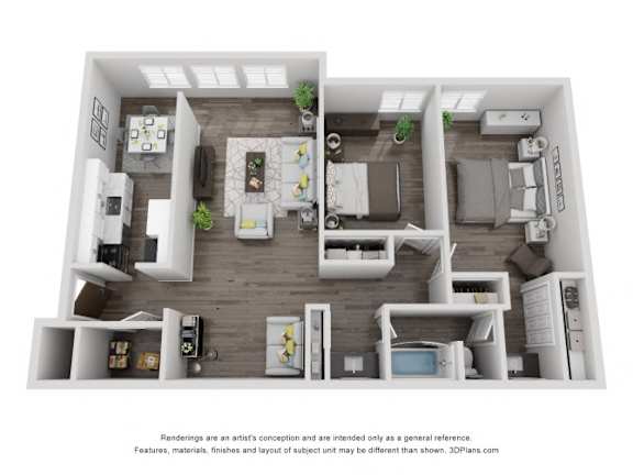 A 3D floor plan of a house with a kitchen, living room, and two bedrooms.