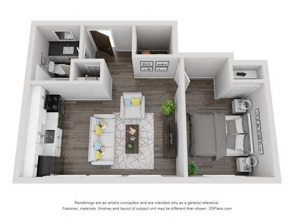 A 3D floor plan of a small apartment with a kitchen, living room, and bedrooms.