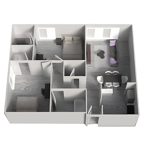 A 3D model of a house with a kitchen, living room, and dining area.