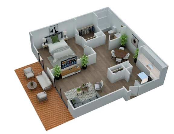 A 3D floor plan of a house with a bedroom, living room, kitchen, and bathroom.