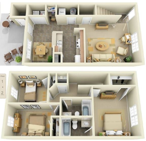 two dimensional layouts of a house with two bedrooms and a living room