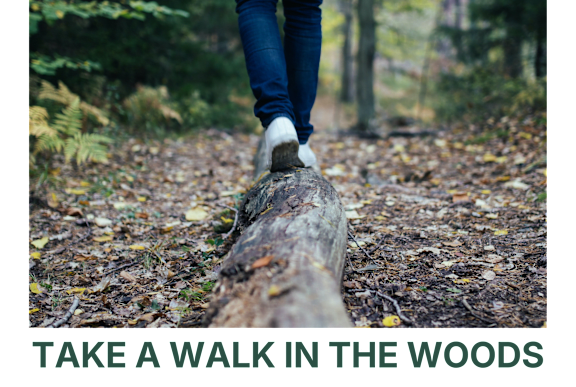 A person is walking on a log in the woods.
