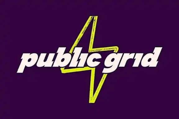 A logo with a lightning bolt and the words "public grid" in white.