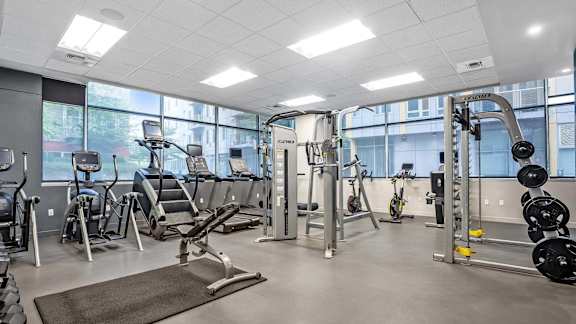 A well-equipped gym with various exercise machines and weights.