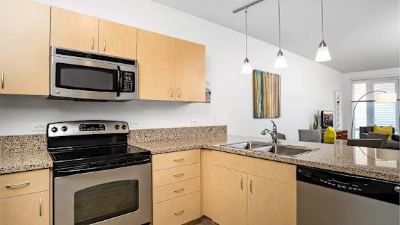 A kitchen with a black stove top oven and a black microwave above it.