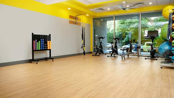A gym with a row of exercise balls and a mirrored wall.