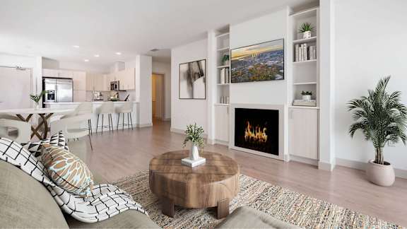 A modern living room with a fireplace and a couch.