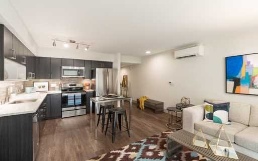 A modern kitchen and living room with a rug on the floor.