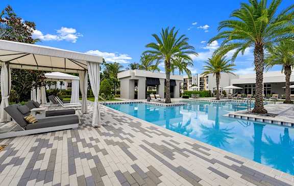 A pool surrounded by palm trees and a white canopy.