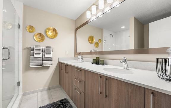 A bathroom with a white counter top and a mirror.