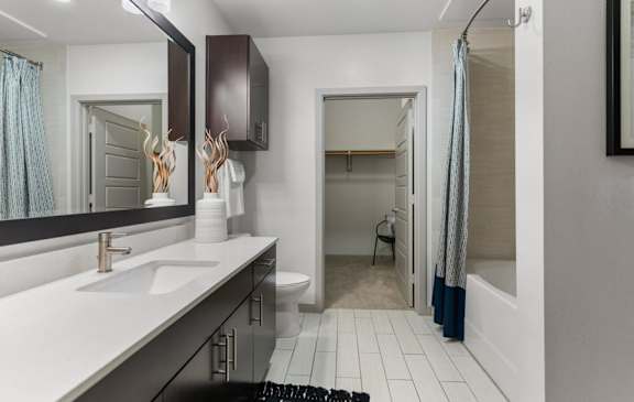 A bathroom with a white sink and a mirror above it.