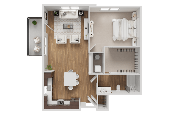 A top-down view of a small apartment layout with a kitchen, living room, and bathroom.