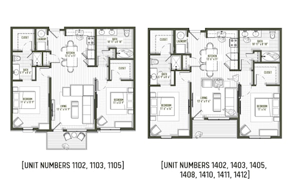 A floor plan of an apartment complex with two different unit layouts.