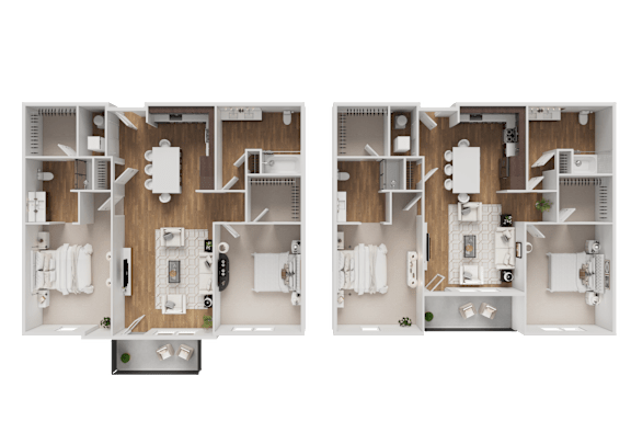 Two floor plans of a house with a kitchen, living room, and bathroom.