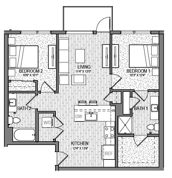 A black and white floor plan of a two-bedroom apartment.