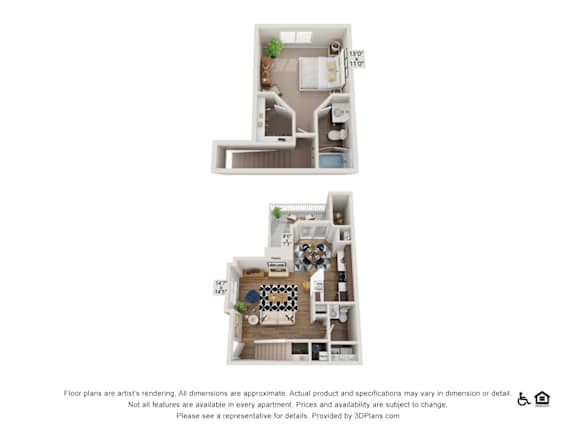 Two floor plans of an apartment with a kitchen and living room.
