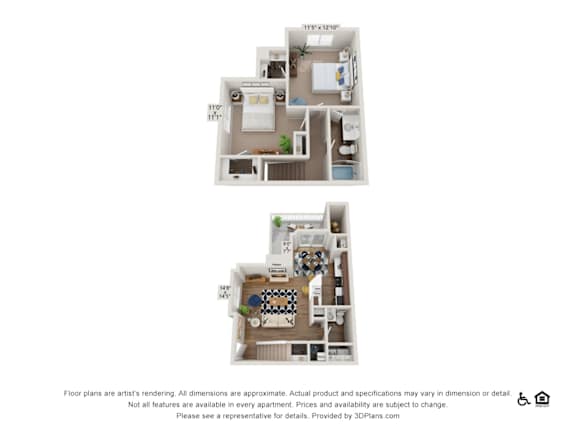 Two floor plans of an apartment with a kitchen, living room, and bathroom.