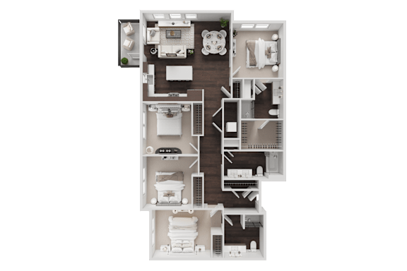 A floor plan of a house with a kitchen, living room, and bedrooms.