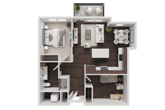 A 3D floor plan of a house showing a kitchen, living room, and two bedrooms.